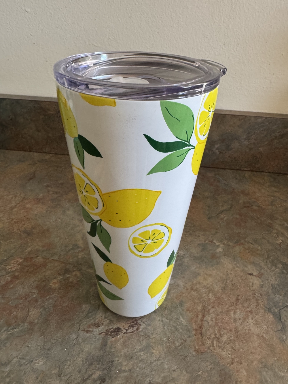 Insulated Lemon Print Travel Tumbler - White and Yellow